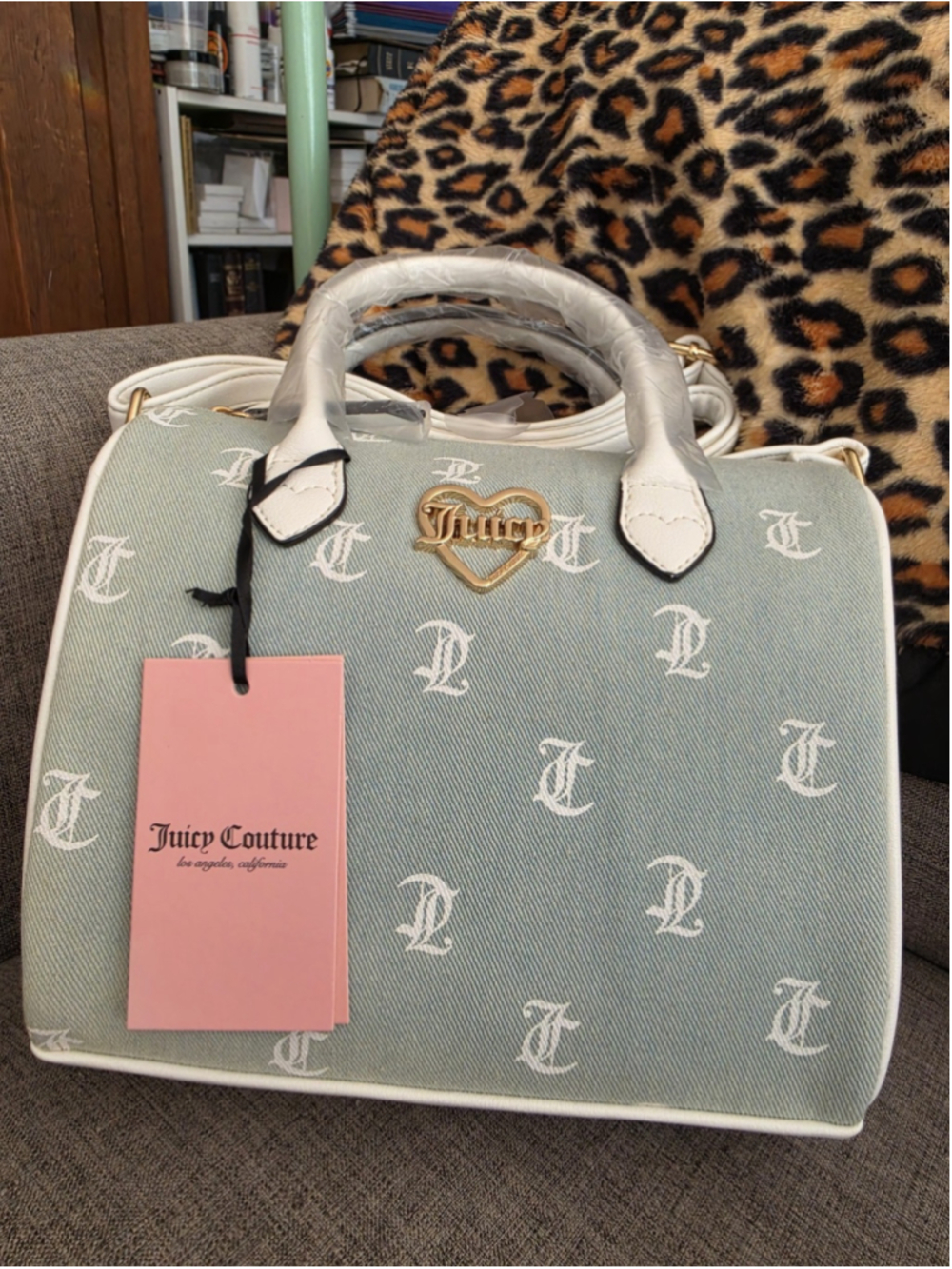 Juicy Couture Gothic Denim Gray Monogram Fame Satchel Crossbody White Trim Y2K